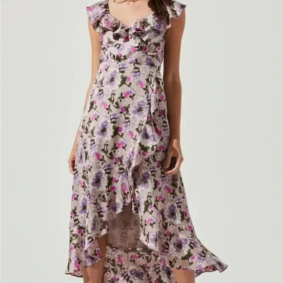 ASTR THE LABEL WRAP WILSHIRE RUFFLE‎ OPEN BACK FLORAL MIDI DRESS SIZE M - Picture 1 of 13